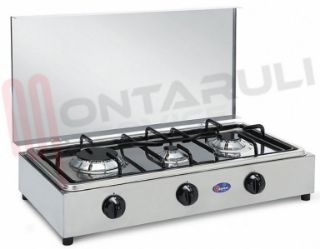 Immagine di FORNELLO 3 FUOCHI INOX PIATTINA E PIANO ESTRAIB.VALV. METANO